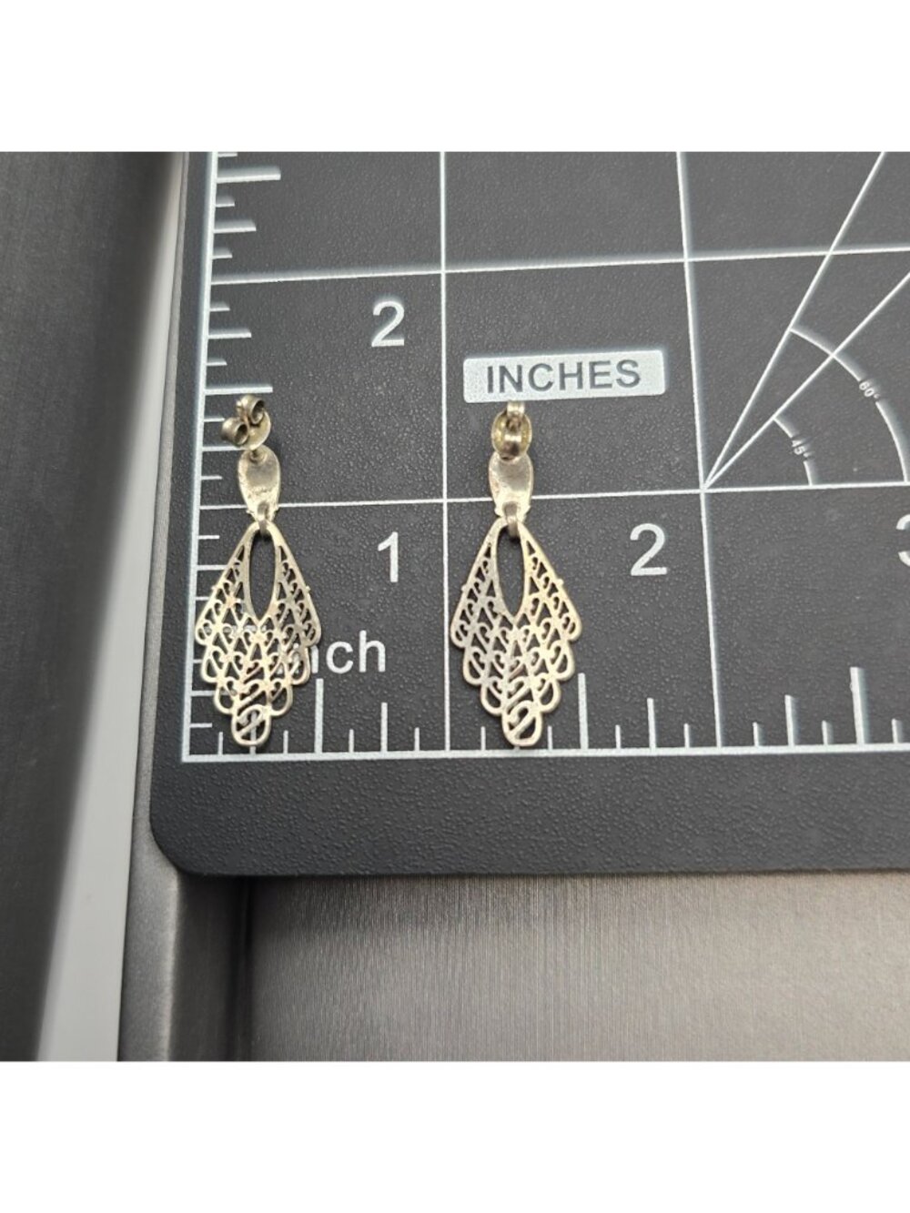 Vintage Sterling Silver Filigree Drop Earrings Scalloped Art Deco Pierced - Picture 7 of 7